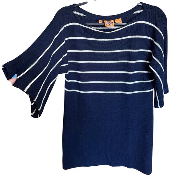 Tory Burch Striped Sweater Top Knitted Cashmere Silk Navy Blue White Size Medium - Picture 2 of 12